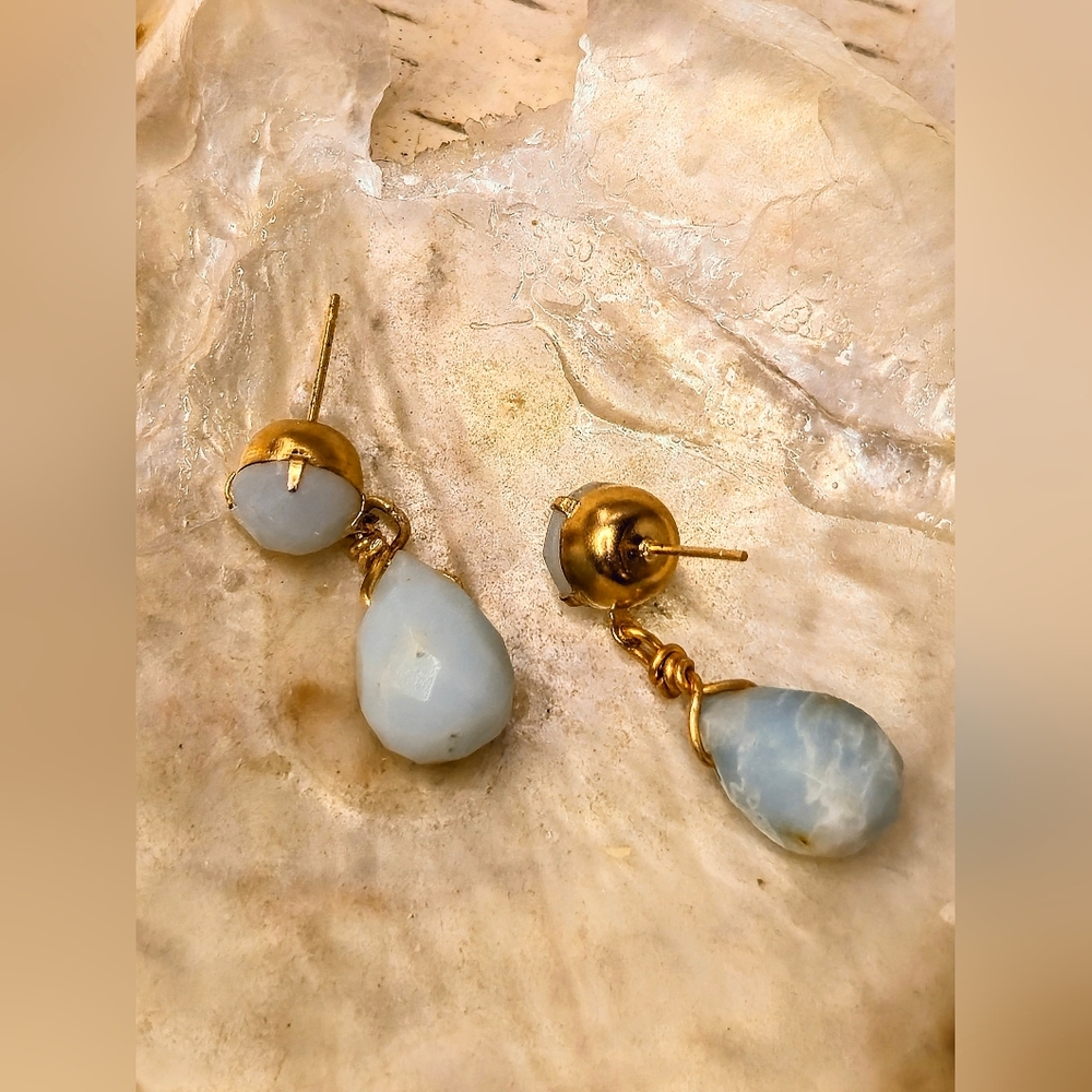Natural Blue Peruvian Amazonite In Two Settings Gold Plated Mystical Earrings - Picture 4 of 8